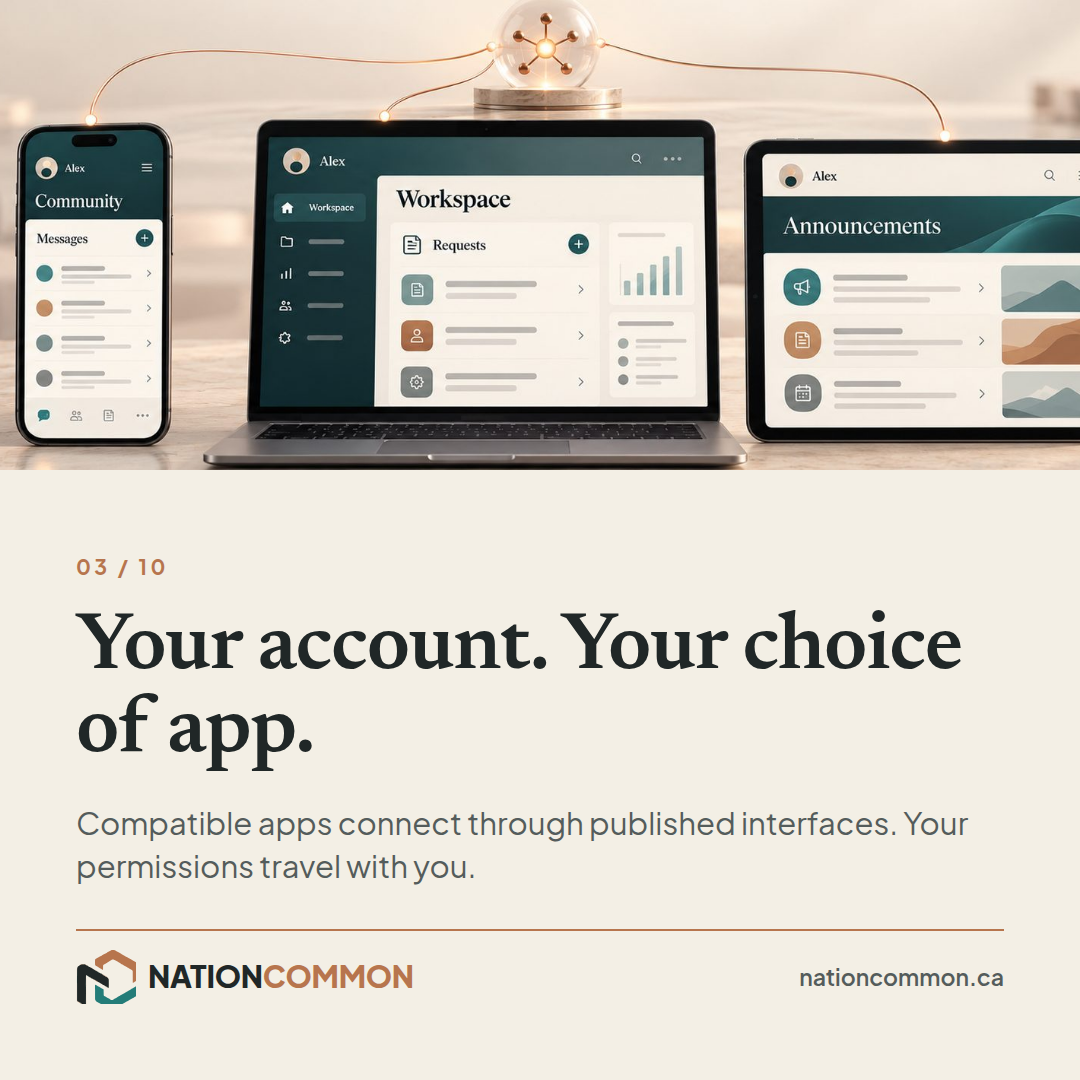 Share card 03: Your account. Your choice of app. Compatible apps connect through published interfaces. Your permissions travel with you.